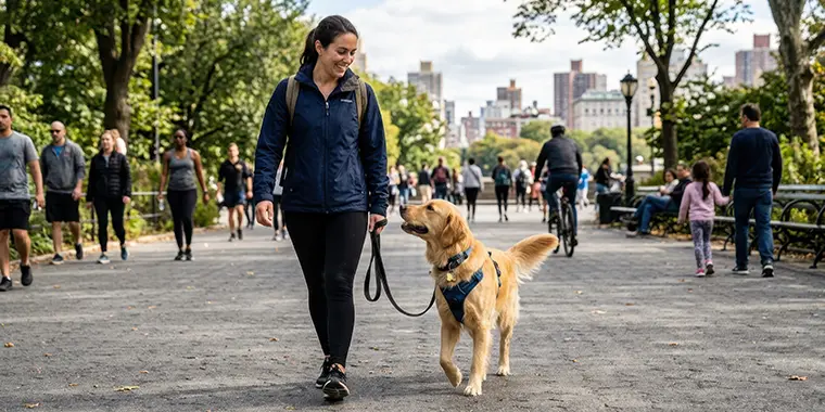 A happy golden retriever is walking calmly on a leash through a crowded park with his owner, showcasing the benefits of loose-leash walking and effective dog training. This scene reflects the joy and confidence that can be cultivated through professional dog training programs for San Diego.