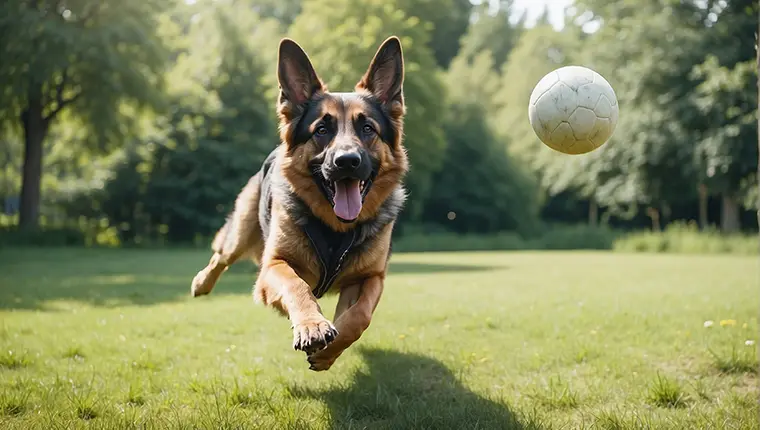 Play-based dog training with a happy German Shepherd in a park, demonstrating a highly effective training technique. This highlights the importance of motivation, engagement and biological fulfillment, helping the dog learn new skills and build confidence in a fun way.